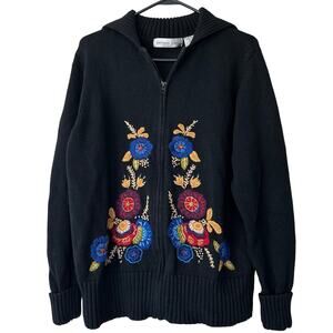 Vintage Victoria Jones cardigan knit sweater full zip embroidered flowers XL